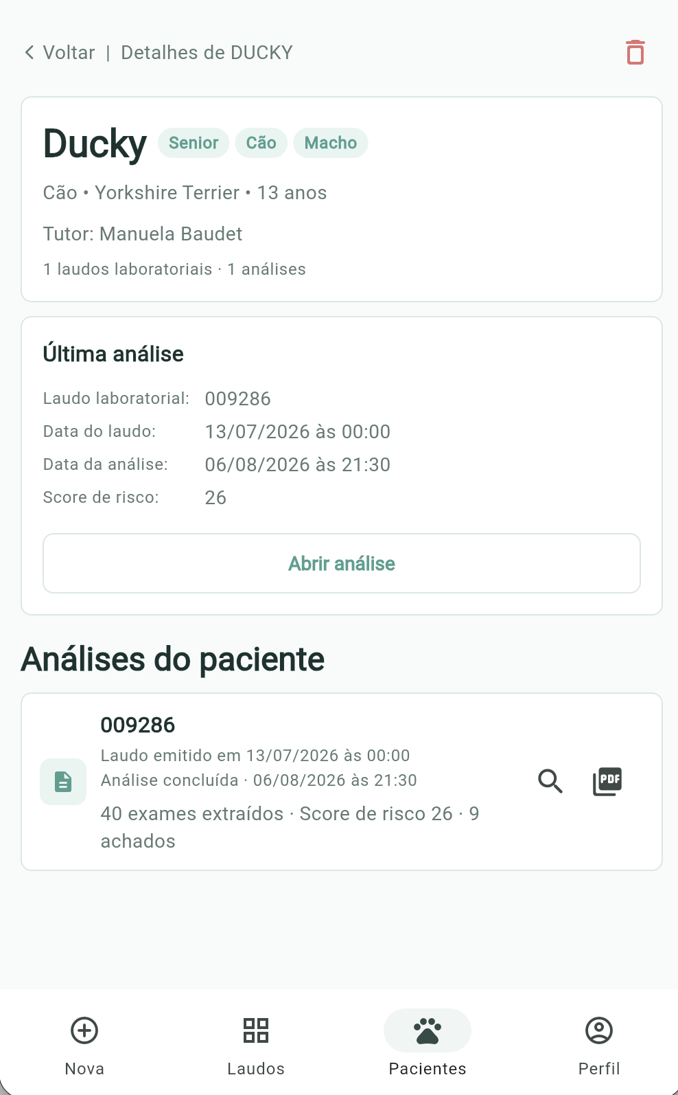 Histórico de análises de um paciente no IrisVet